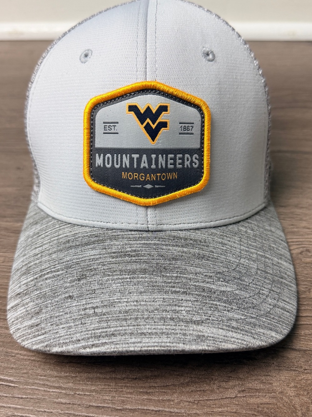 Top of the World Gray, Yellow & Navy WVU Mountaineers Patch Fitted Trucker Hat